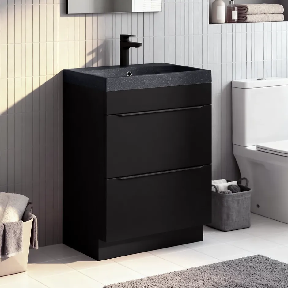GoodHome Meuble vasque à poser noir mat l.60 cm Imandra + plan vasque noir résine Mila,