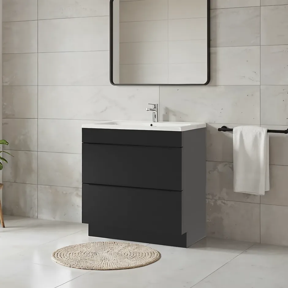 GoodHome Meuble vasque à poser noir mat l.80 cm Imandra + plan vasque blanc céramique Nira,