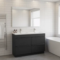 GoodHome Meuble vasque à poser noir mat l.120 cm Imandra + plan double double vasque blanc céramique Nira,