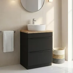 GoodHome Meuble vasque à poser noir mat l.60 cm Imandra + plan de toilette chêne massif Hartland,* Meuble Buanderie