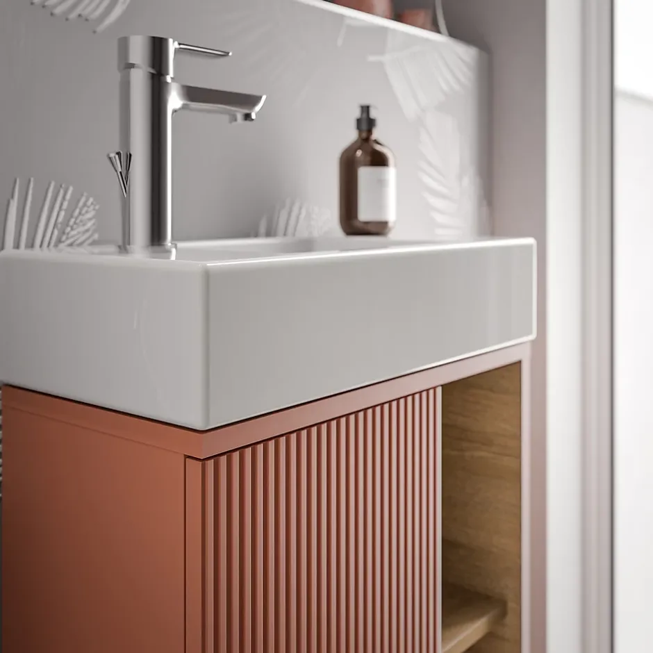 Bernstein Meuble vasque Abricot mat de salle de bain 55x24x59cm (LxPxH) 1 porte à gauche + 2 cases rangement - BELDIVO* Lave-Mains