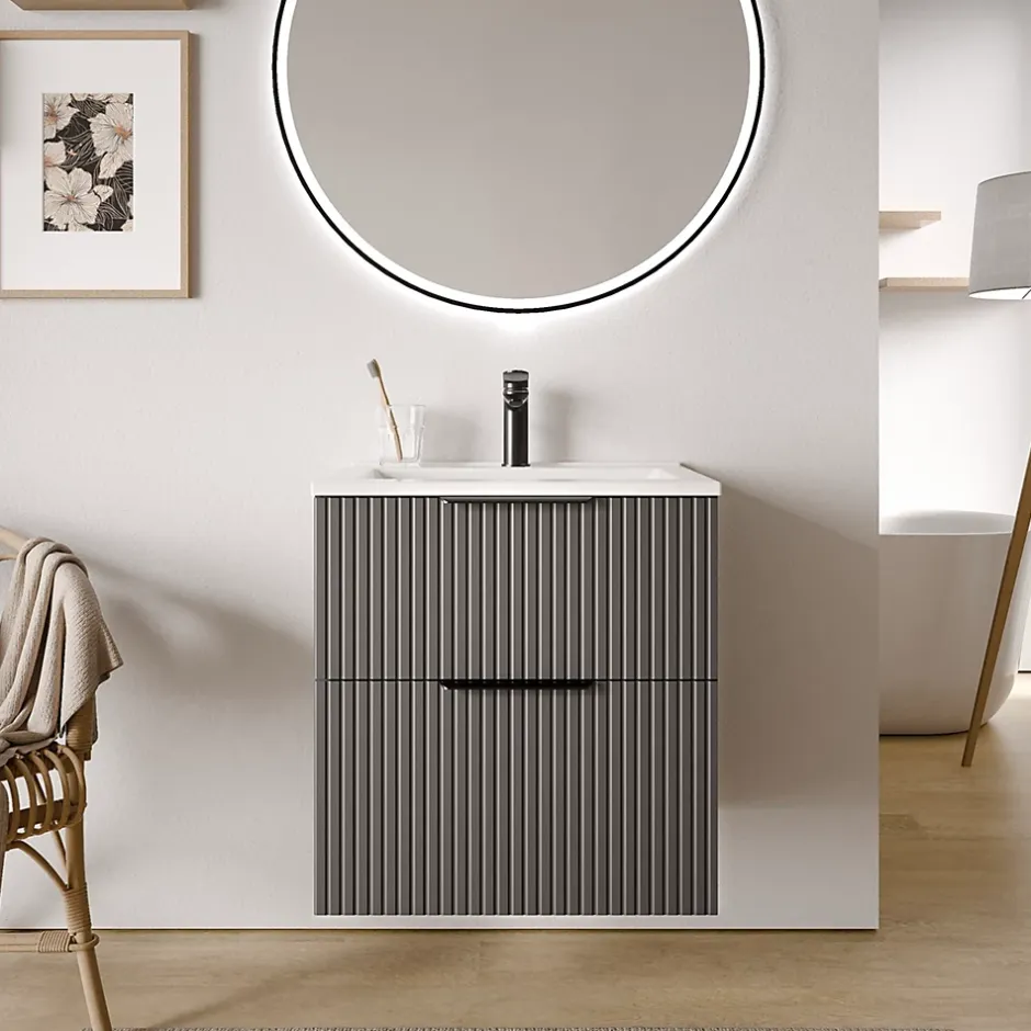 Bernstein Meuble vasque Anthracite mat strié de salle de bain 60x46x62cm (LxPxH) + vasque céramique, Poignées chrome - TIM60* Lave-Mains