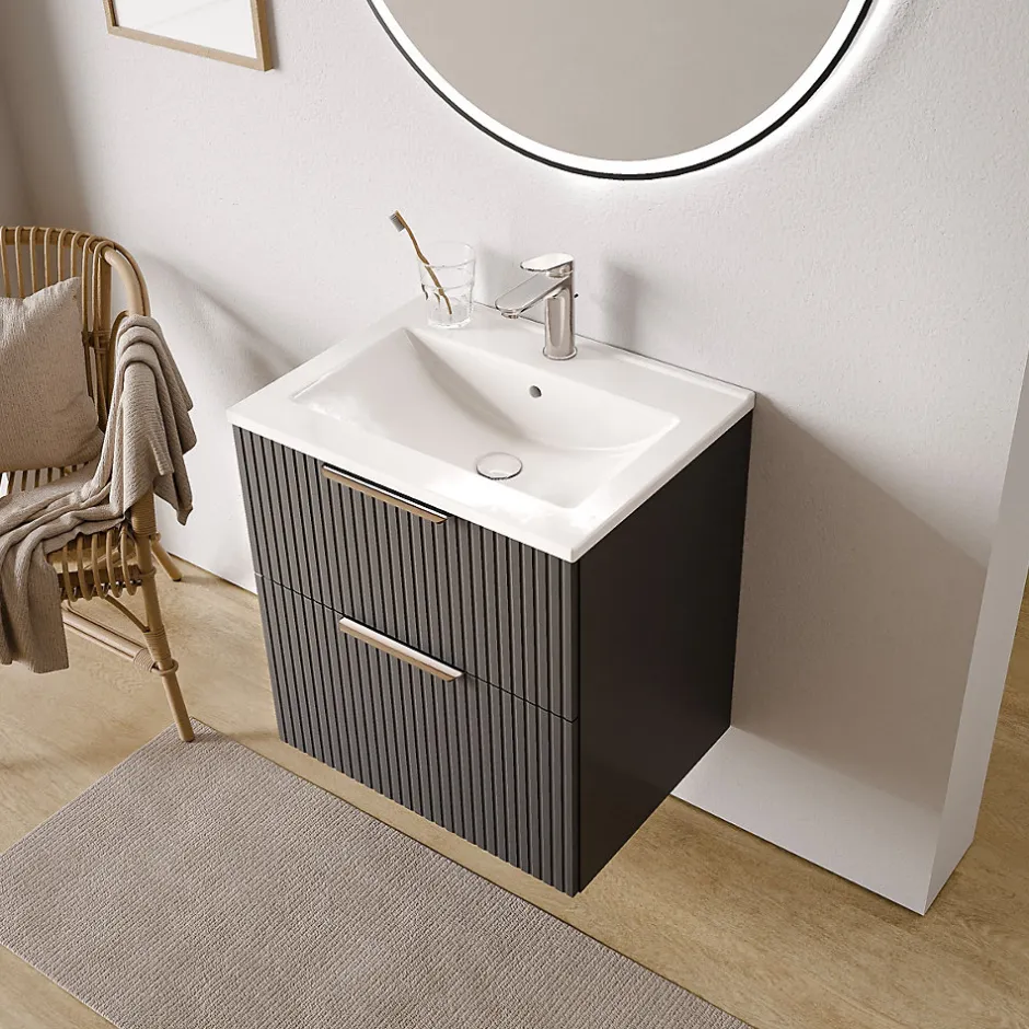 Bernstein Meuble vasque Anthracite mat strié de salle de bain 60x46x62cm (LxPxH) + vasque céramique, Poignées chrome - TIM60* Lave-Mains