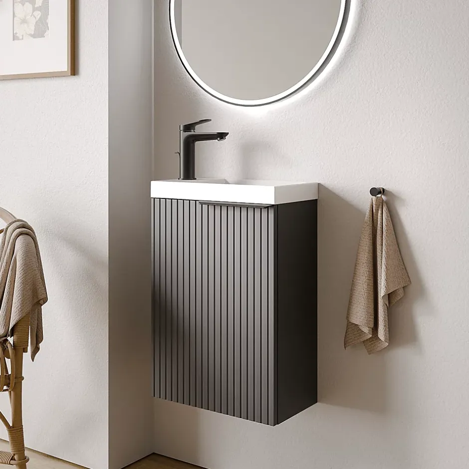 Bernstein Meuble vasque Anthracite mat strié de salle de bain 40x22x55cm (LxPxH) + vasque céramique, Poignée Noir mat - TIM40* Lave-Mains