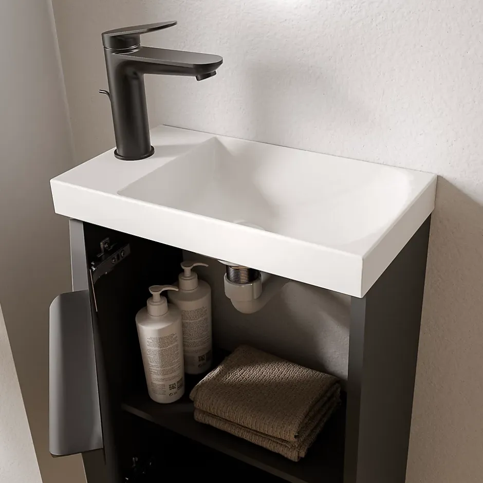 Bernstein Meuble vasque Anthracite mat strié de salle de bain 40x22x55cm (LxPxH) + vasque céramique, Poignée Noir mat - TIM40* Lave-Mains