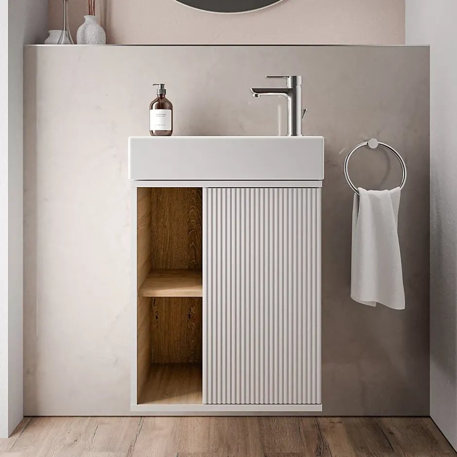 Bernstein Meuble vasque Blanc mat de salle de bain 55x24x59cm (LxPxH) 1 porte à droite + 2 cases rangement - BELDIVO