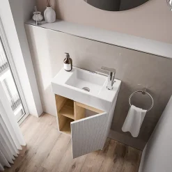 Bernstein Meuble vasque Blanc mat de salle de bain 55x24x59cm (LxPxH) 1 porte à droite + 2 cases rangement - BELDIVO