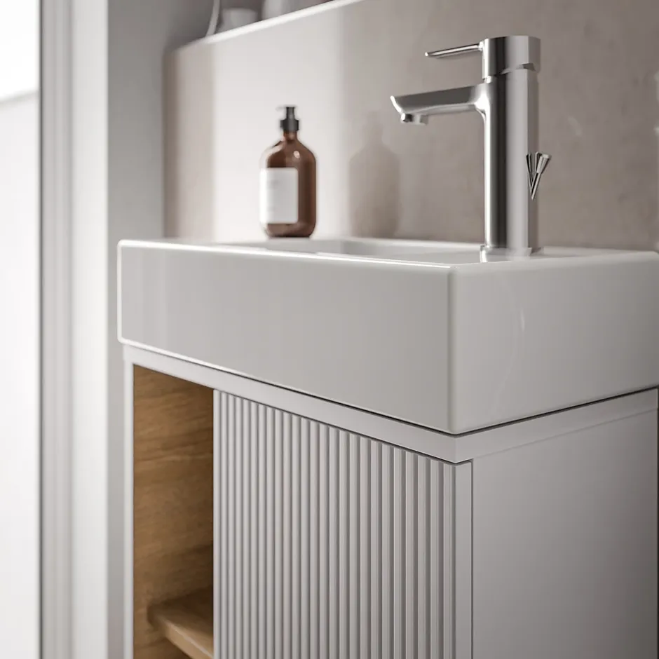 Bernstein Meuble vasque Blanc mat de salle de bain 55x24x59cm (LxPxH) 1 porte à droite + 2 cases rangement - BELDIVO