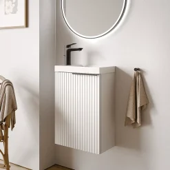 Bernstein Meuble vasque Blanc mat strié de salle de bain 40x22x55cm (LxPxH) + vasque céramique, Poignée Noir mat - TIM40