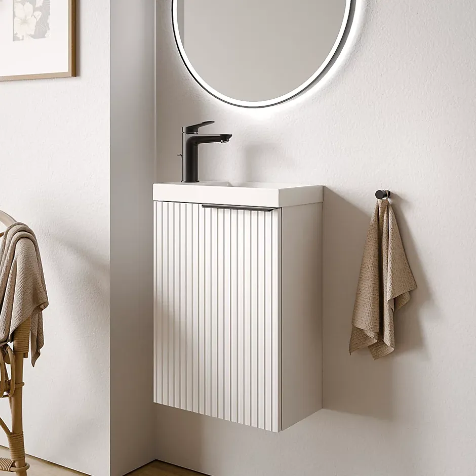 Bernstein Meuble vasque Blanc mat strié de salle de bain 40x22x55cm (LxPxH) + vasque céramique, Poignée Noir mat - TIM40