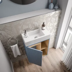 Bernstein Meuble vasque Bleu azur mat de salle de bain 55x24x59cm (LxPxH) 1 porte à gauche + 2 cases rangement - BELDIVO