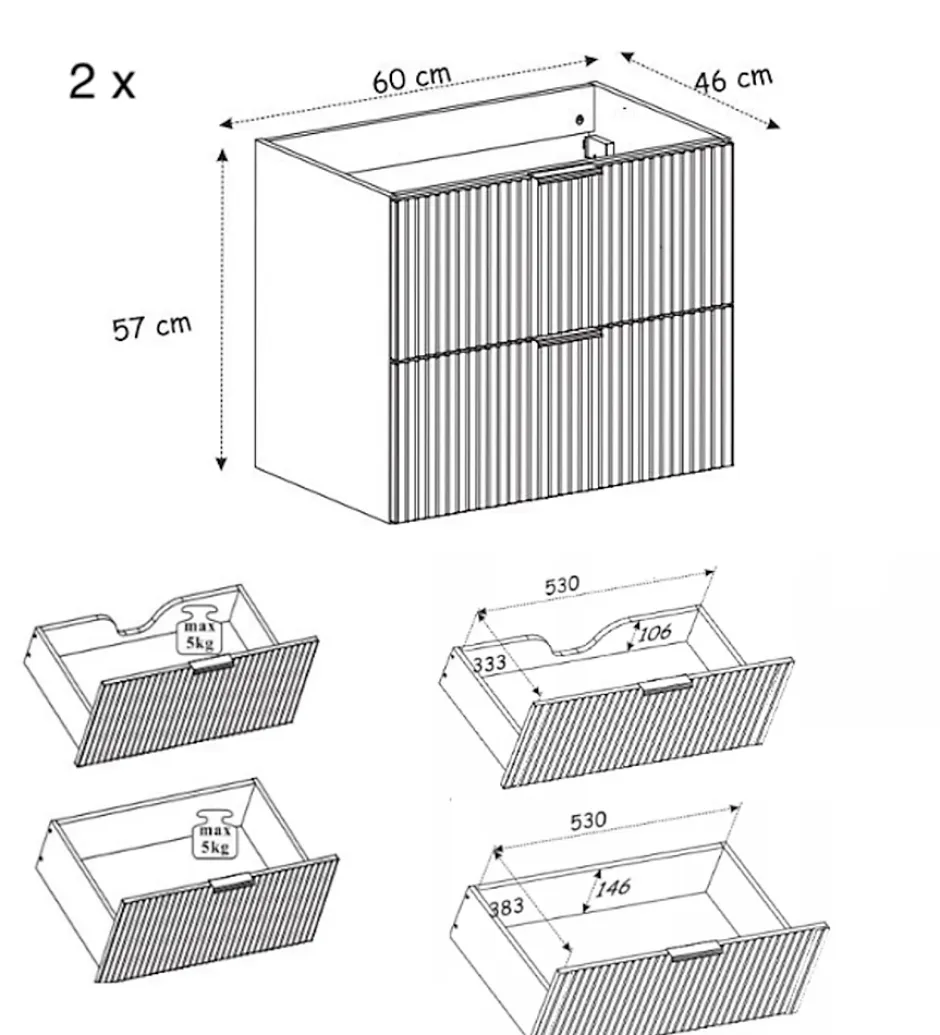 3xE Living Meuble vasque, Cachemire, 120 (2 x 60) x 57 x 46 cm, poignée dorée, sans plateau
