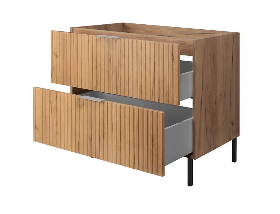 3xE Living Meuble vasque, Chêne Craft, 80 x 77 x 46 cm, poignée argentée, pieds noirs, sans plateau* Lave-Mains