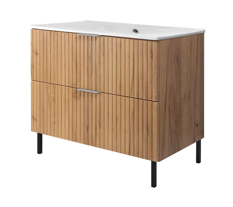 3xE Living Meuble vasque, Chêne Craft, 80 x 77 x 46 cm, poignée argentée, pieds noirs, sans plateau* Lave-Mains