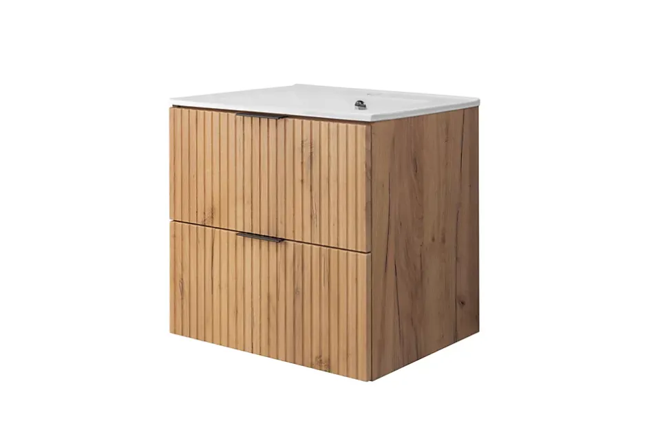 3xE Living Meuble vasque, Chêne Craft, 60 x 57 x 46 cm, poignée noire, sans plateau* Lave-Mains