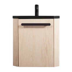 Homesight Meuble vasque d'angle compact suspendu effet chêne + plan vasque noir en résine, Skino* Lave-Mains|Meuble Vasque
