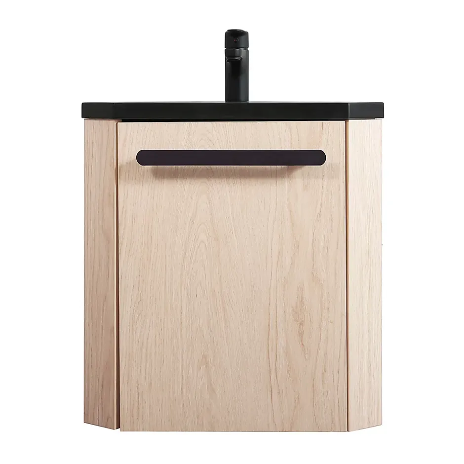 Homesight Meuble vasque d'angle compact suspendu effet chêne + plan vasque noir en résine, Skino* Lave-Mains|Meuble Vasque