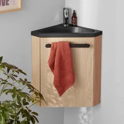 Homesight Meuble vasque d'angle compact suspendu effet chêne + plan vasque noir en résine, Skino* Lave-Mains|Meuble Vasque