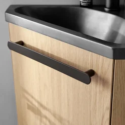 Homesight Meuble vasque d'angle compact suspendu effet chêne + plan vasque noir en résine, Skino* Lave-Mains|Meuble Vasque