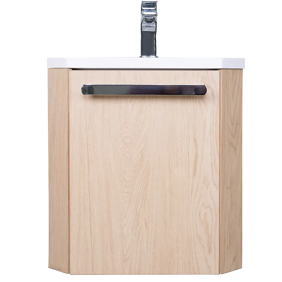 Homesight Meuble vasque d'angle compact suspendu effet chêne + plan vasque blanc en résine, Skino* Lave-Mains|Meuble Vasque
