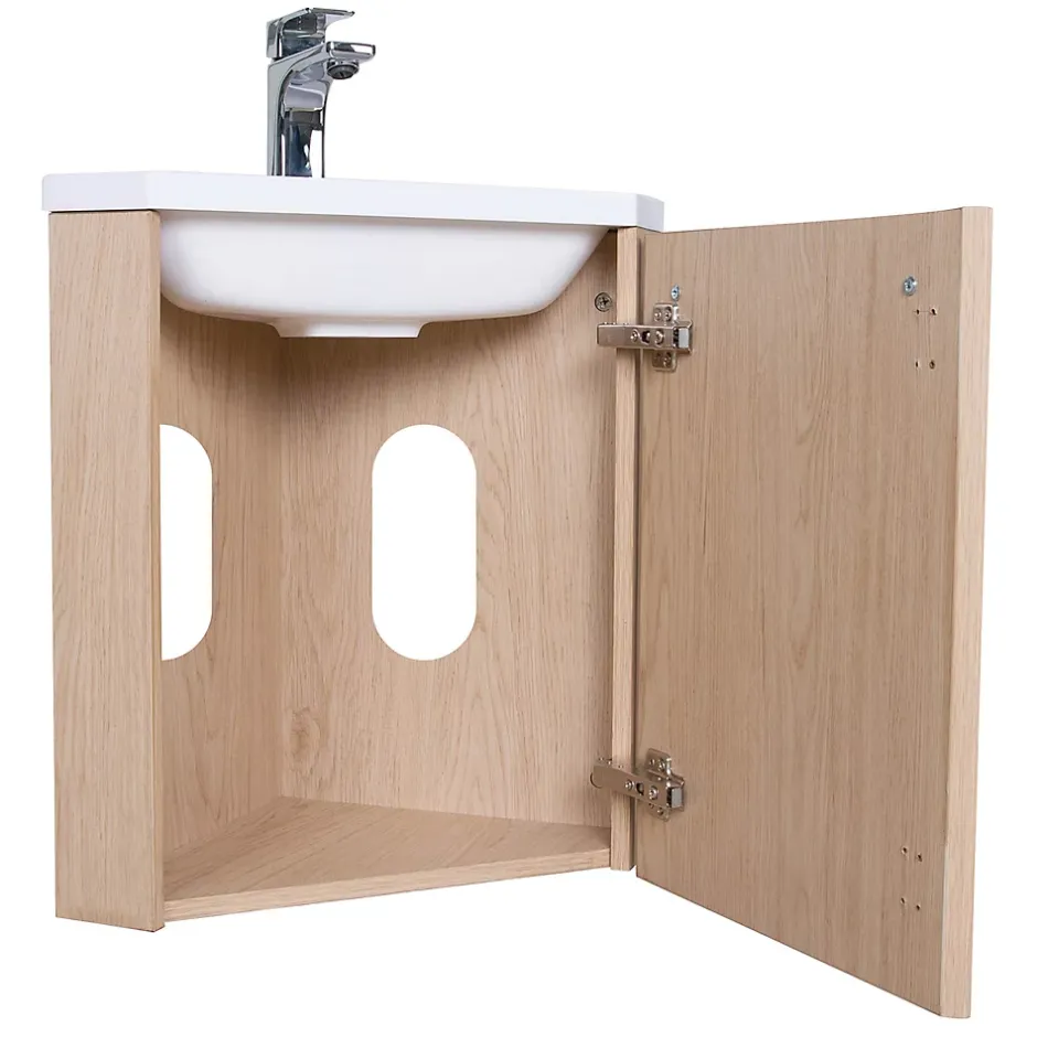 Homesight Meuble vasque d'angle compact suspendu effet chêne + plan vasque blanc en résine, Skino* Lave-Mains|Meuble Vasque
