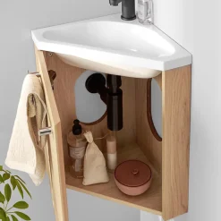 Homesight Meuble vasque d'angle compact suspendu effet chêne + plan vasque blanc en résine, Skino* Lave-Mains|Meuble Vasque