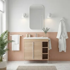 GoodHome Meuble vasque faible profondeur effet bois avec porte-serviette l.85 x H.82 x P.36 cm Maza + plan vasque céramique Nira,* Meuble De Salle De Bains Faible Profondeur|Meuble Vasque