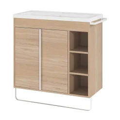 GoodHome Meuble vasque faible profondeur effet bois avec porte-serviette l.85 x H.82 x P.36 cm Maza + plan vasque céramique Nira,* Meuble De Salle De Bains Faible Profondeur|Meuble Vasque