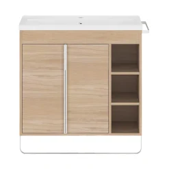 GoodHome Meuble vasque faible profondeur effet bois avec porte-serviette l.85 x H.82 x P.36 cm Maza + plan vasque céramique Nira,* Meuble De Salle De Bains Faible Profondeur|Meuble Vasque