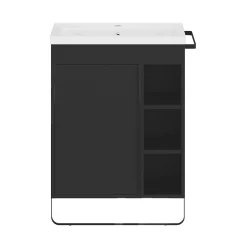 GoodHome Meuble vasque faible profondeur noir avec porte-serviettes l.65 x H.82 x P.36 cm + plan vasque blanc résine, Maza