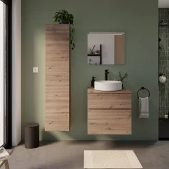Meuble vasque faible profondeur suspendu effet chêne artisan l.60 cm + plan de toilette, Calao