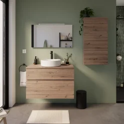 Meuble vasque faible profondeur suspendu effet chêne artisan l.90 cm + plan de toilette, Calao