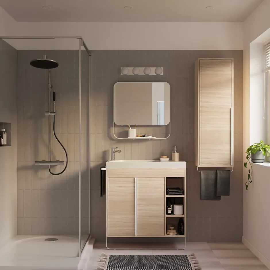 GoodHome Meuble vasque faible profondeur effet bois avec porte-serviettes l.85 x H.82 x P.36 cm + plan vasque résine, Maza