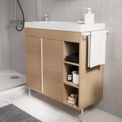 GoodHome Meuble vasque faible profondeur effet bois avec porte-serviettes l.85 x H.82 x P.36 cm + plan vasque résine, Maza