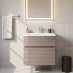 Cooke & Lewis Meuble vasque faible profondeur suspendu effet chêne clair l.60 cm + plan vasque blanc en résine, Calao* Meuble De Salle De Bains Faible Profondeur|Meuble Vasque