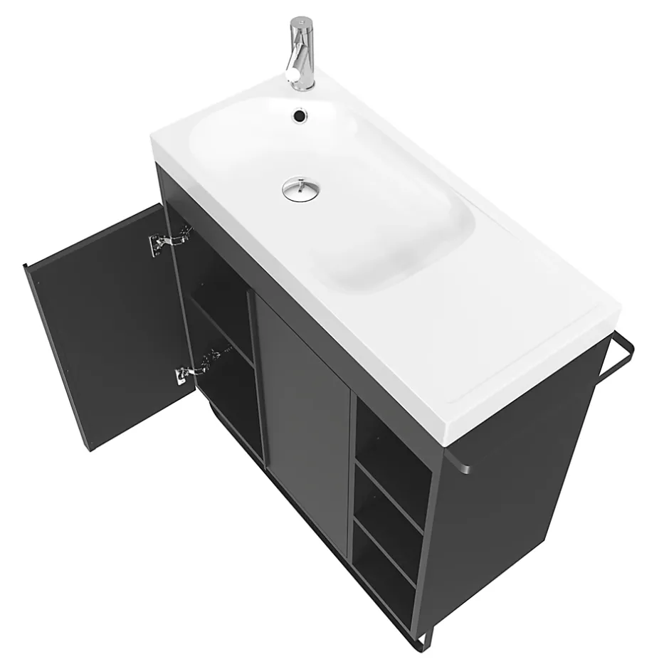 GoodHome Meuble vasque faible profondeur noir avec porte-serviettes l.85 x H.82 x P.36 cms + plan vasque blanc résine, Maza