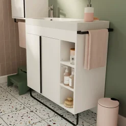 GoodHome Meuble vasque faible profondeur blanc avec porte-serviettes l.85 x H.82 x P.36 cm + plan vasque résine blanc, Maza* Meuble De Salle De Bains Faible Profondeur