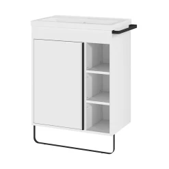 GoodHome Meuble vasque faible profondeur blanc avec porte-serviettes l.65 x H.82 x P.36 cm Maza + plan vasque céramique blanc Nira,* Meuble De Salle De Bains Faible Profondeur|Meuble Vasque