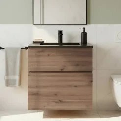 Meuble vasque faible profondeur suspendu effet chêne artisan l.60 cm + plan vasque noir en résine, Calao* Meuble De Salle De Bains Faible Profondeur|Meuble Vasque