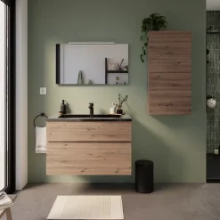 Meuble vasque faible profondeur suspendu effet chêne artisan l.90 cm + plan vasque noir en résine, Calao