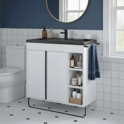 GoodHome Meuble vasque faible profondeur blanc avec porte-serviettes l.85 x H.82 x P.36 cm Maza + plan vasque céramique noir Nira,