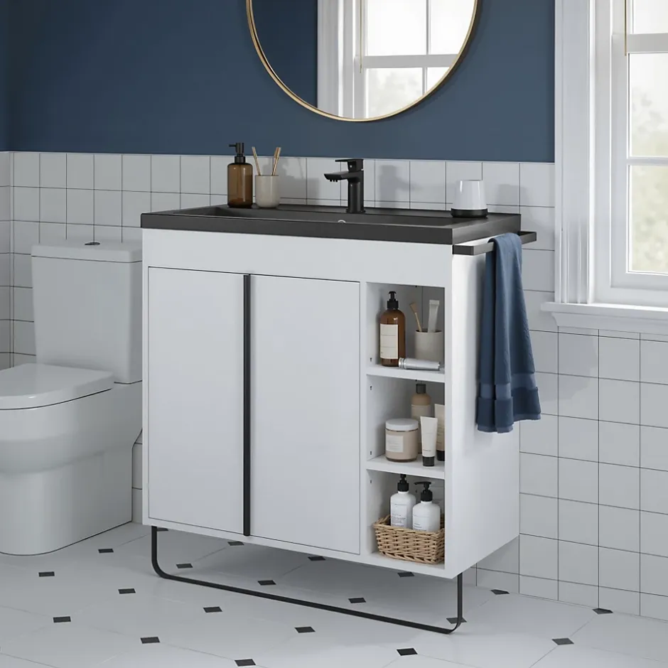 GoodHome Meuble vasque faible profondeur blanc avec porte-serviettes l.85 x H.82 x P.36 cm Maza + plan vasque céramique noir Nira,