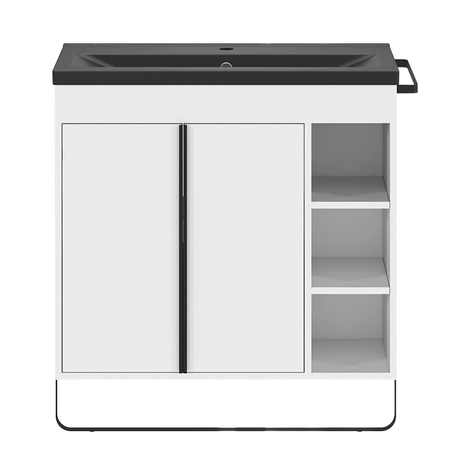 GoodHome Meuble vasque faible profondeur blanc avec porte-serviettes l.85 x H.82 x P.36 cm Maza + plan vasque céramique noir Nira,
