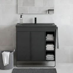 GoodHome Meuble vasque faible profondeur noir avec porte-serviettes l.85 x H.82 x P.36 cm Maza + plan vasque noir céramique Nira,