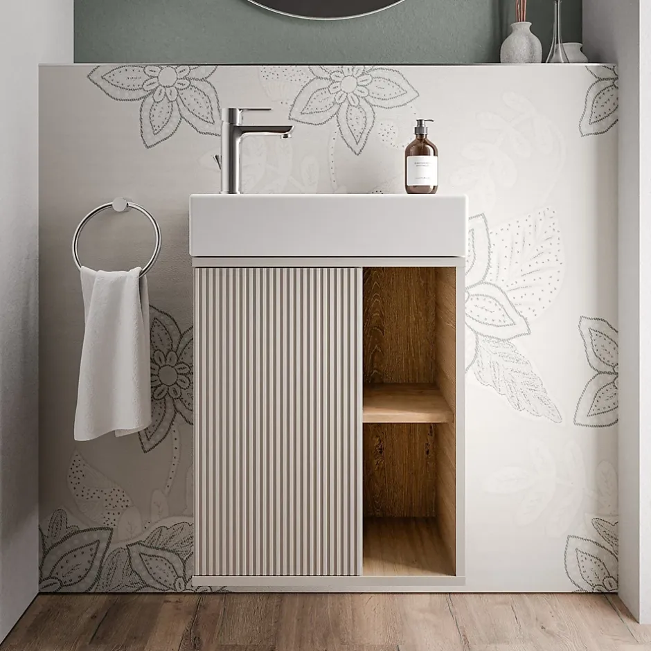 Bernstein Meuble vasque Gris soie de salle de bain 55x24x59cm (LxPxH) 1 porte à gauche + 2 cases rangement - BELDIVO* Lave-Mains