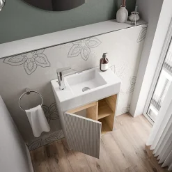 Bernstein Meuble vasque Gris soie de salle de bain 55x24x59cm (LxPxH) 1 porte à gauche + 2 cases rangement - BELDIVO* Lave-Mains