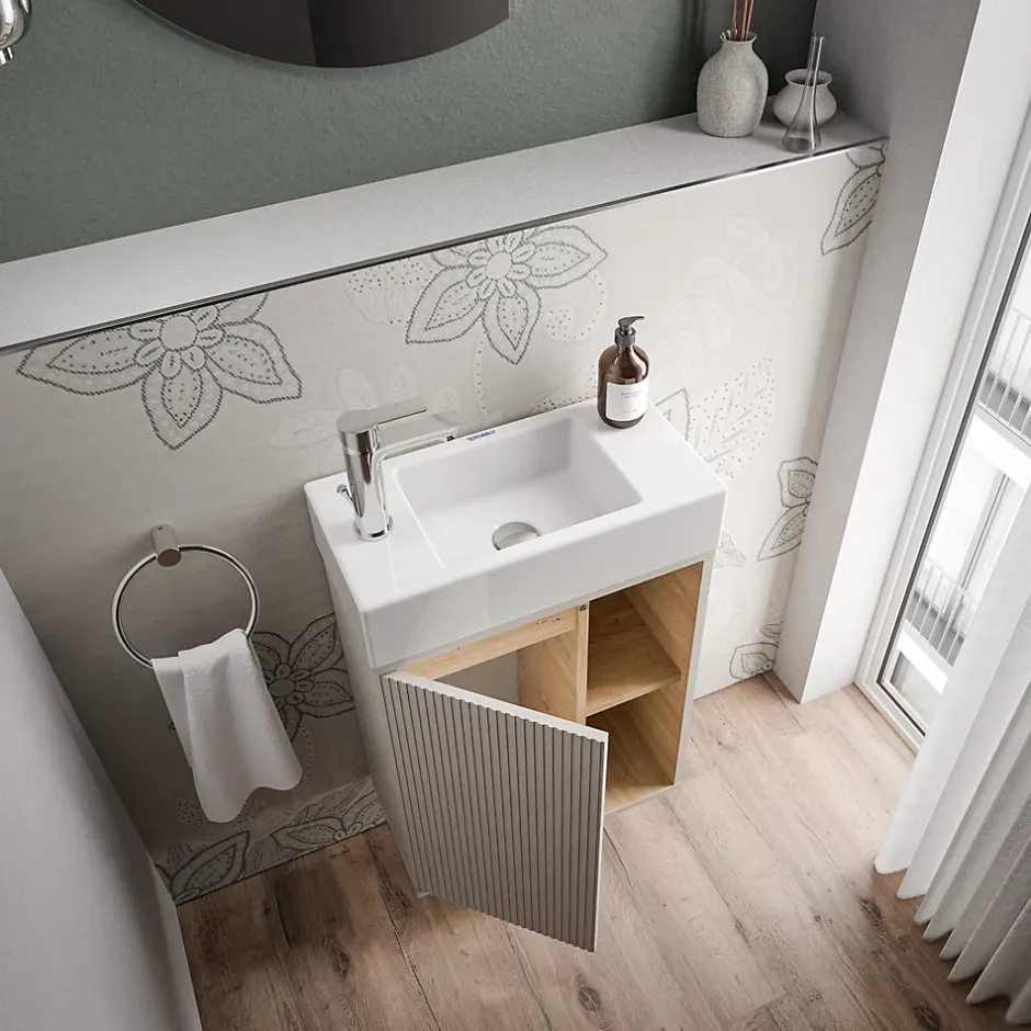 Bernstein Meuble vasque Gris soie de salle de bain 55x24x59cm (LxPxH) 1 porte à gauche + 2 cases rangement - BELDIVO* Lave-Mains