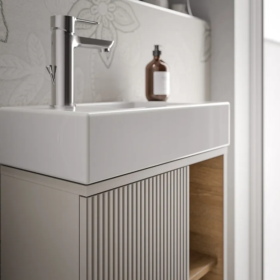Bernstein Meuble vasque Gris soie de salle de bain 55x24x59cm (LxPxH) 1 porte à gauche + 2 cases rangement - BELDIVO* Lave-Mains