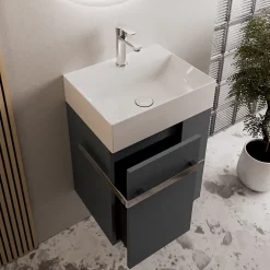 Bernstein Meuble vasque lave-main Anthracite mat 45x35x50cm (LxPxH) 1 tiroir + rangement droite + poignée Chrome - COMPACT450