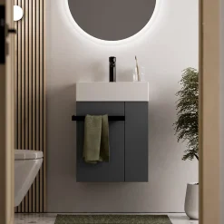 Bernstein Meuble vasque lave-main Anthracite mat 45x35x50cm (LxPxH) 1 tiroir + rangement droite + poignée Noir mat - COMPACT450